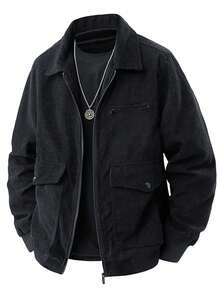 Men's Autumn Corduroy Zip-Up Jacket | Turn-Down Collar, Inner Pocket & Multi-Pocket Design, Ribbed Cuffs, Casual Streetwear Jacket - Black - View 7
