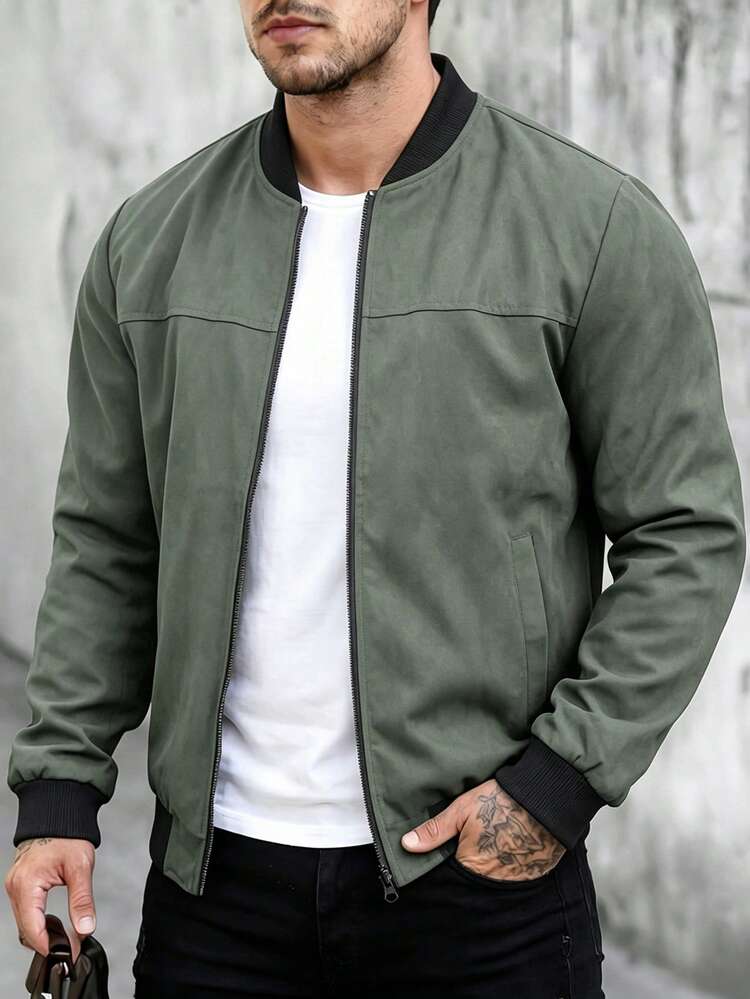 Jaket Kasual Olahraga Luar Ruangan Pria, Kemeja Baseball, Jaket Kerah Baseball dengan Resleting Warna Polos, Atasan Nyaman dan Serbaguna - Olive Green - View 1