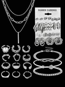 68/58/40/35pcs Chunky, Vintage, Boho, Elegant Style Geometric Ribbon Heart Butterfly Faux Pearl Rhinestone Shiny Twisted Braided Cross Wrapped Multi-Layer Square Star Moon Tassel Pendant Chain Snake Bone Chain Braided Chain Minimalist Plain Chain Wave Metal Style Multi- Necklace + Earrings + Ring + Bracelet Jewelry Set Fashion Simple Exquisite Vintage Design Holiday Vacation Party Date Gift Daily Commute Wear - Silver - View 7