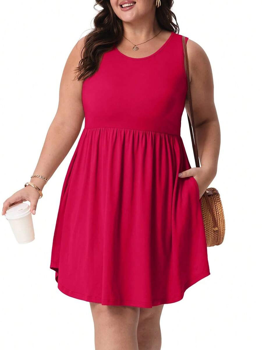 Vestidos de Verano Cueply de Talla Grande para Mujeres con Curvas, Vestidos Midi Casuales sin Mangas con Cuello Redondo y Corte Holgado - Burdeos - Ver 1