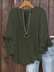 Size - Size - Women's Blouse With Ruffles And Three-Quarter Sleeves, Solid Color, Casual Loose Fashion, V-Neck, For Business - Light Grey - View 10