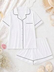 2 pièces/Ensemble Pyjama pour femmes, Imprimé à pois, Vêtements de détente pour femmes, Tenue de vacances printemps/été, Ensemble Top à manches courtes et short - Blanc - Voir 1
