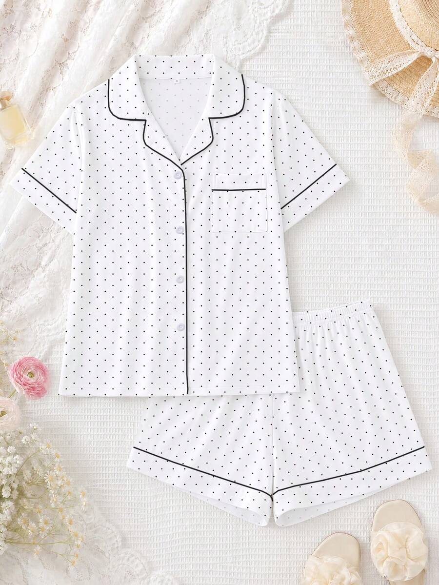 2 pièces/Ensemble Pyjama pour femmes, Imprimé à pois, Vêtements de détente pour femmes, Tenue de vacances printemps/été, Ensemble Top à manches courtes et short - Blanc - Voir 1
