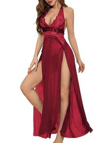 Lencería ValueVibe para Mujer, Conjunto de Lencería Larga con Abertura Alta, Camisón de Encaje con Cuello Halter, Rojo XL - Rojo - Ver 3