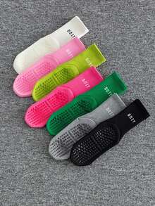 3/5/7 Paar rutschfeste Socken mit Buchstabenmuster, atmungsaktive Sport-Fitness-Yoga-Pilates-Socken bis zur Mitte der Wade, professionelle Indoor-Sport-Fitness-Yoga-Tanz-Pilates-Socken mit rutschfester Silikonsohle, Herbst - Verschiedenfarbig - Übersicht 6