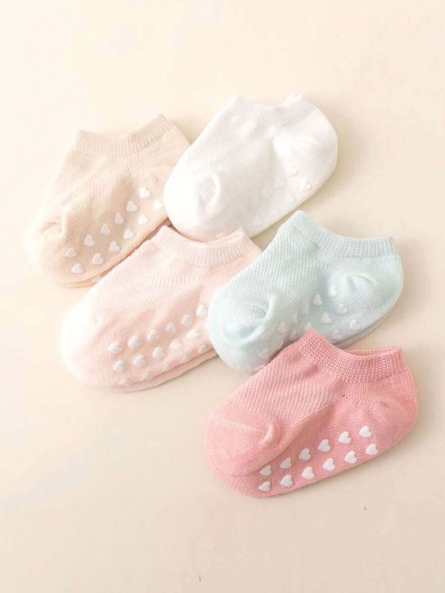5pairspack Girls Heart Anti-Slip Floor Socks, Boys Comfortable Breathable Socks, Newborn Baby Cute Boat Socks, Suitable For All Seasons