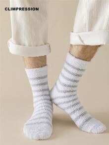 CLIMPRESSION Unisex Striped Plush Mid-Calf Socks, Neutral Fine Striped Coral Fleece Fluffy Home Socks, Soft Warm Winter Comfortable Sleep & Leisure Socks - Multicolor - View 7