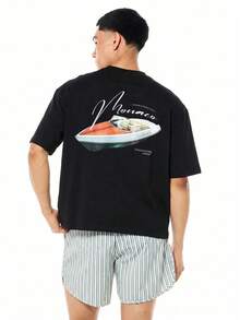 Camiseta de manga corta cuello redondo para hombre, estampado de barco y texto, corte holgado, estilo casual de verano, moda Monaco, cómoda y fresca, talles S-5XL - Negro - Ver 1
