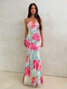 Elegant Women's Dress With Floral Print And Open Back, Summer Clothes, Beach Outfits For Women, Beach Vacation Clothes, Party Outfits, Bridesmaids - 珊瑚粉 - 查看 3
