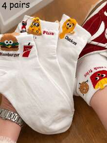 1/4 Pair White American Fast Food Cartoon Food Women's Mid-Calf Socks, Hamburger Pizza Fries Letter Ribbed, Food & Drink Cartoon, Cute & Fun, Minimalist Cute Style, Comfortable Collegiate Style, Suitable For Home, Daily, Party Occasions, Suitable For Outdoor, Family Wear, Suitable For Holiday Gift Occasions - White - View 7