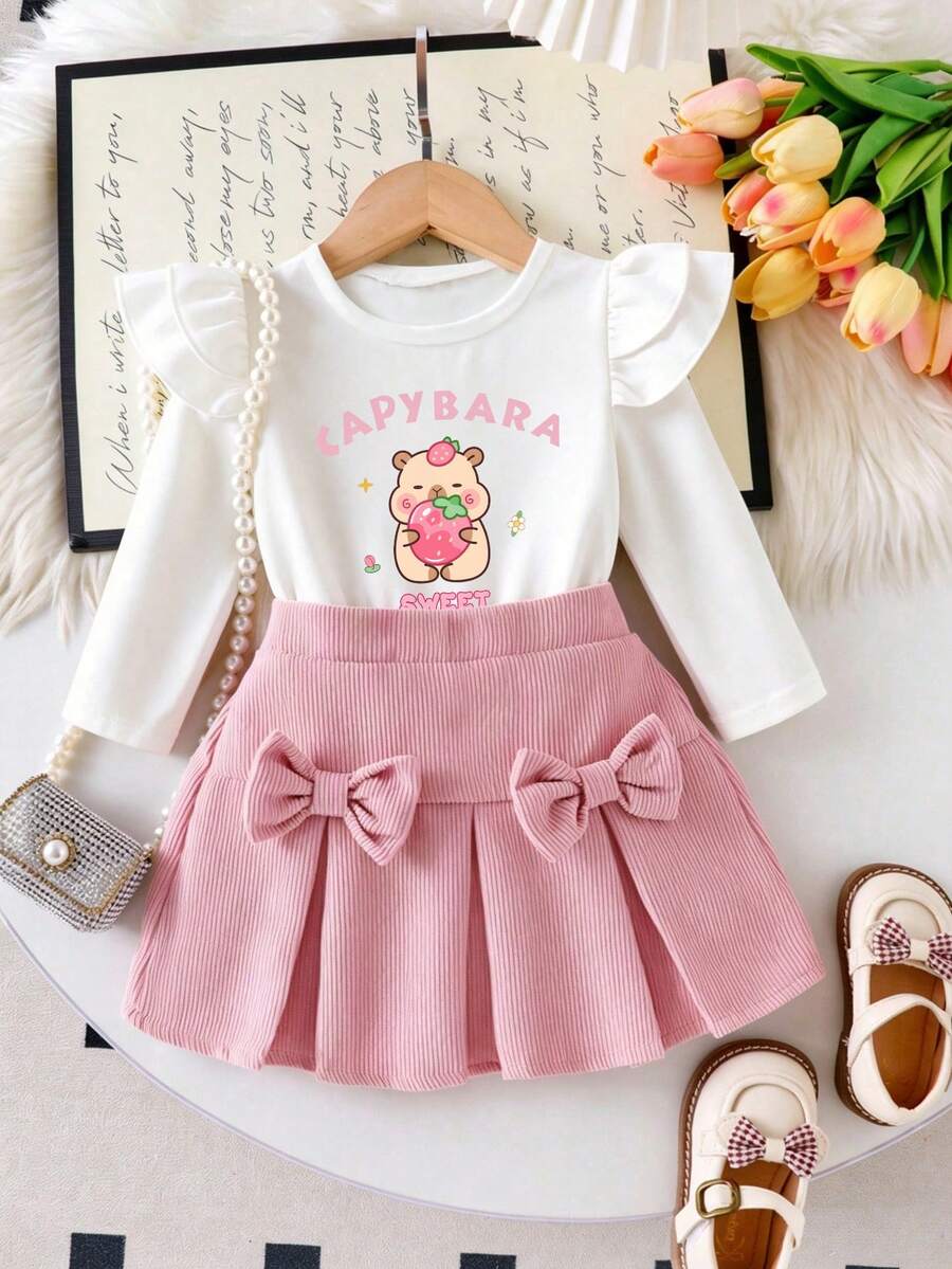 Baby Girl Cartoon Print Crew Neck Long Sleeve Top And Skirt Set - White - View 1