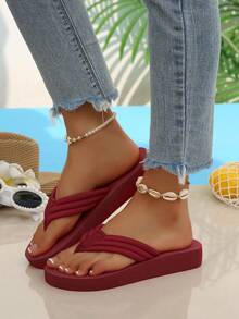 Women's Summer Party & Daily Candy Color Bright Flat Plus Size Sandals, Solid Color Floral Decor Flip Flops, Casual Lightweight Outdoor Beach Shoes - Burgundy - View 4