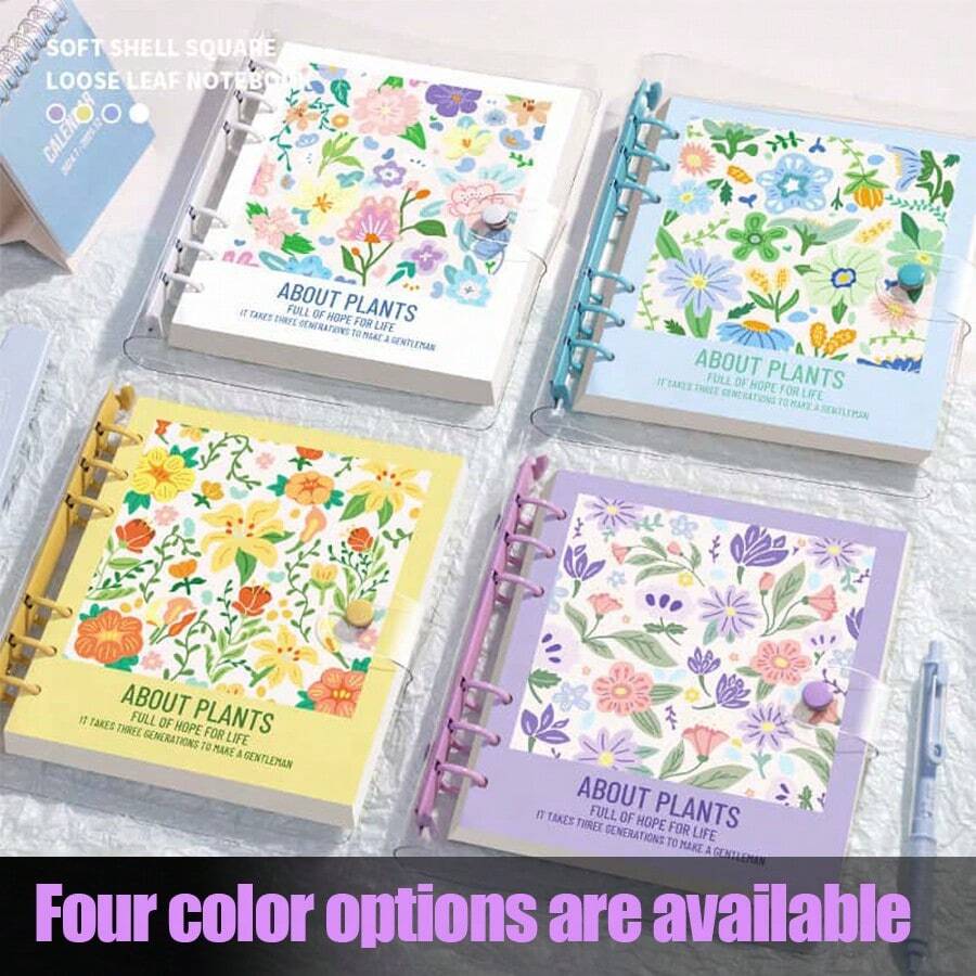 4 Colors Fresh Floral Transparent Soft Shell Square Loose-Leaf Notebook, Plant Floral Pattern Loose-Leaf Notebook, Removable Inner Pages Spiral Bound Planner, Macaron Color Strap Notebook, Suitable For Student Classroom Notes, Daily Journaling, Schedule Planning, Hand Drawing, Artistic Gift - Multiple Styles - View 1