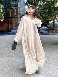 女款端莊長款長袍式外衣亮面絲綢連身裙 - 杏色 - 查看 2