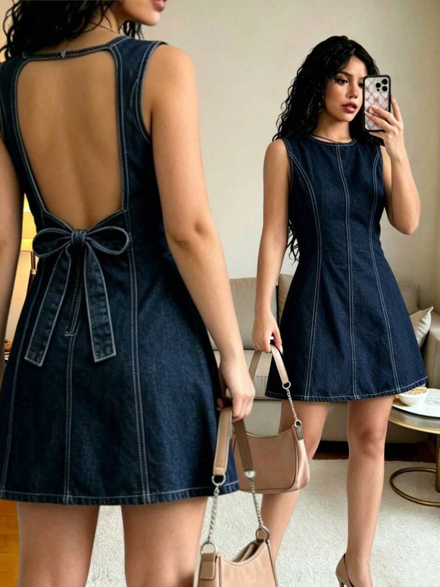 Sexy Backless Denim Mini Dress For Summer - Blue - View 1