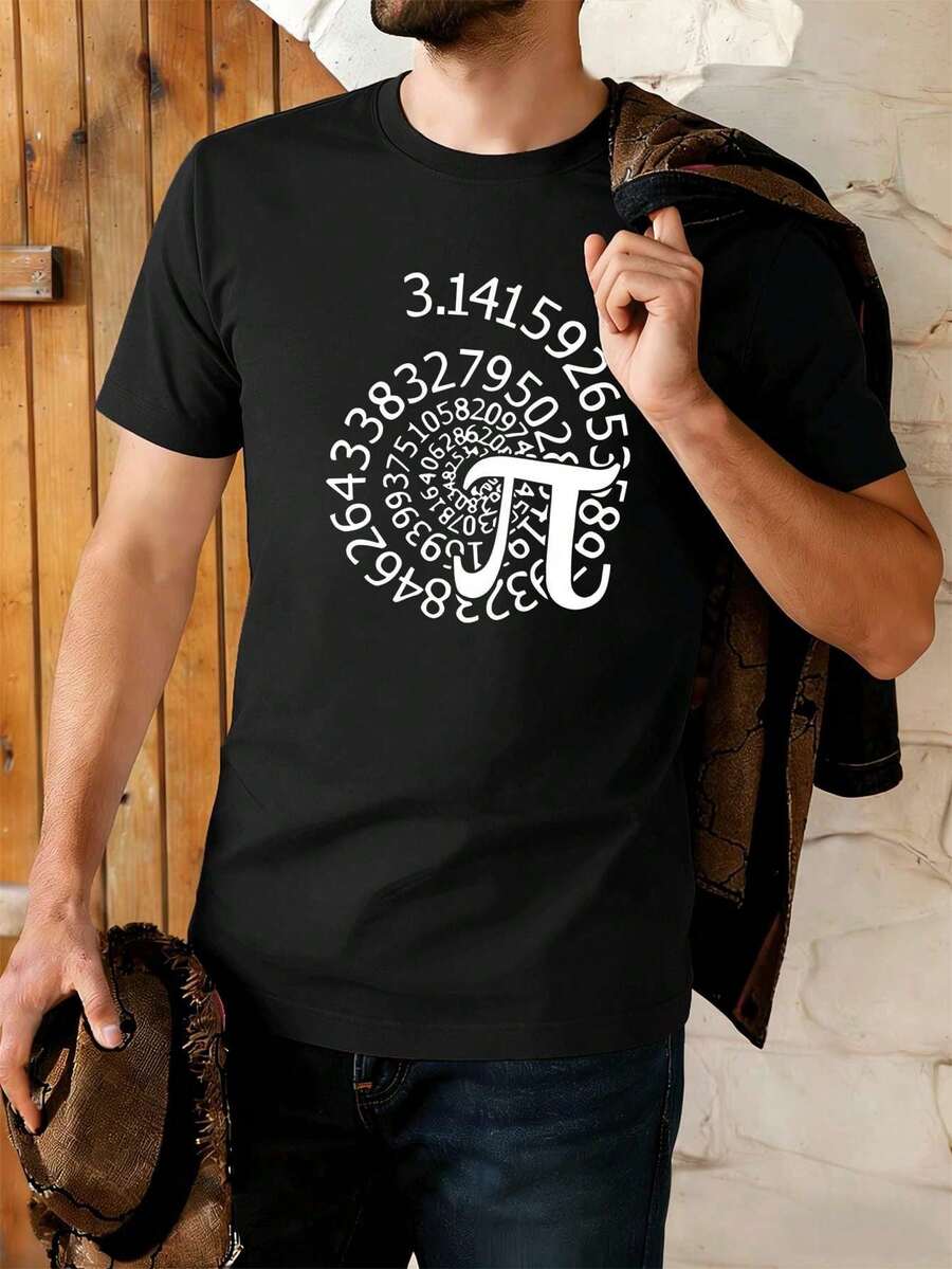 Camiseta negra de manga corta para hombre con estampado del símbolo Pi, ideal para primavera. Algodón suave, corte relajado, estilo casual y transpira - Negro - Ver 1