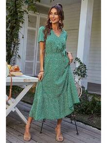 Vestido bohemio floral para mujer , para usar en el trabajo, con cuello en V, manga corta, cinturón, doblones, corte en A, fluido y largo. - Verde - Ver 2