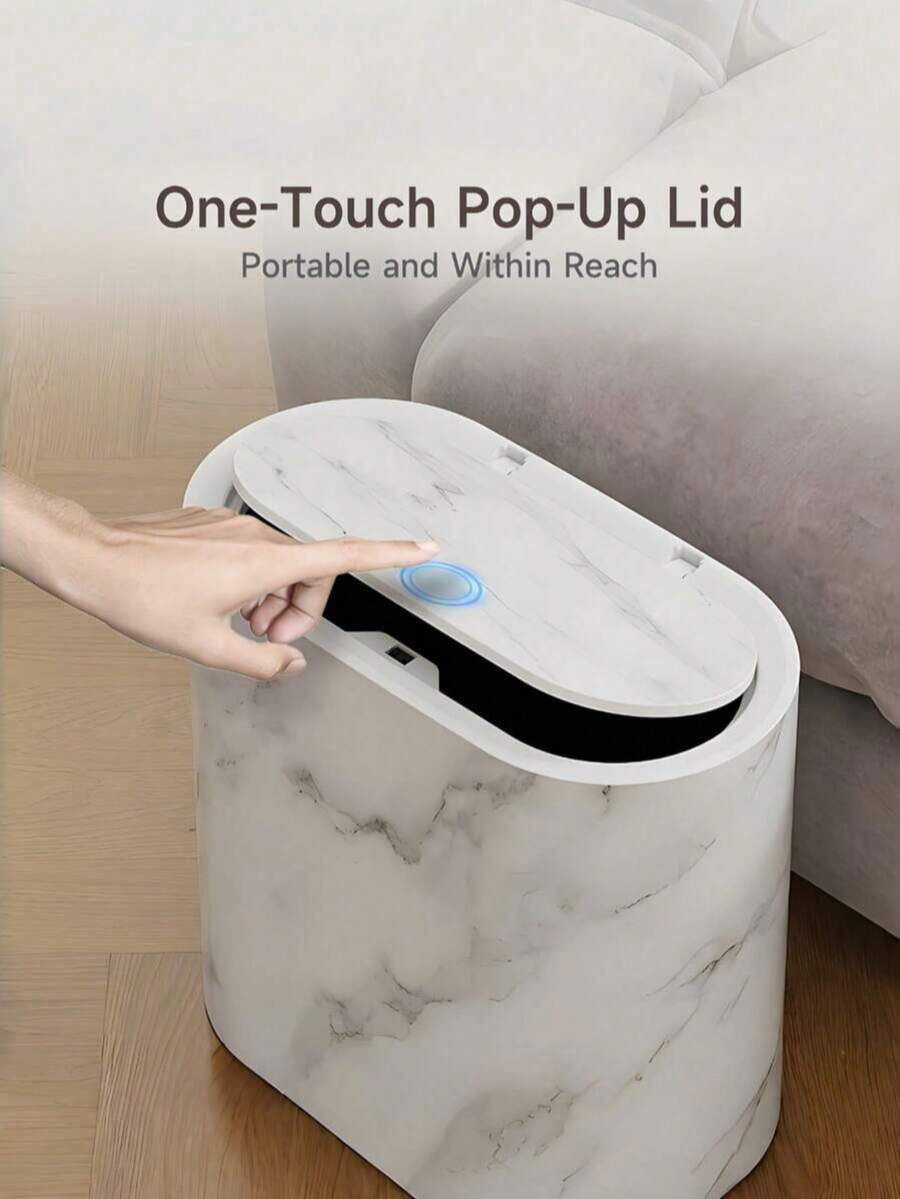 Compact Marble & Wood Grain Plastic Triangular Trash Can With Lid, Push-Open Lid, Suitable For Bathroom, Hotel, Homestay, Kitchen, Living Room, Narrow Triangular Trash Can
