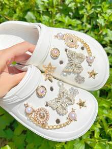 16pcs Gold Bead Butterfly Accessories, Gold Series Accessories, Shoe Charms, Shoe Buckles, Shoe Accessories Pink Cute Series Suitable For Perforated Slippers, Beach Shoes, Garden Shoes, DIY Accessory Parts - Gold - View 4