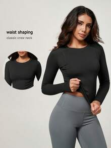 NcmRyu Women's 1pc Solid Color Round Neck Slim Fit Long Sleeve Skin-Friendly Elastic Yoga Gym Sports T-Shirt - Black - View 1