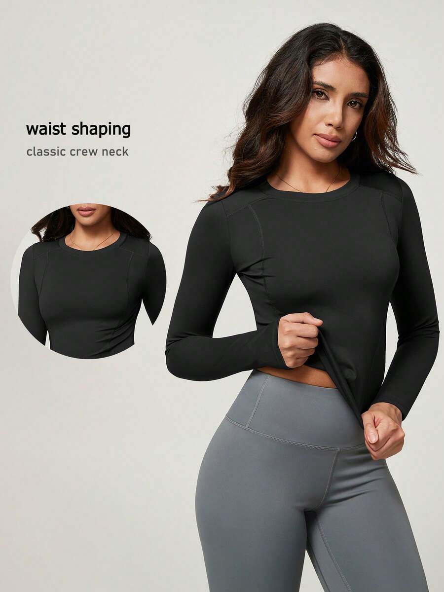 NcmRyu Women's 1pc Solid Color Round Neck Slim Fit Long Sleeve Skin-Friendly Elastic Yoga Gym Sports T-Shirt - Black - View 1