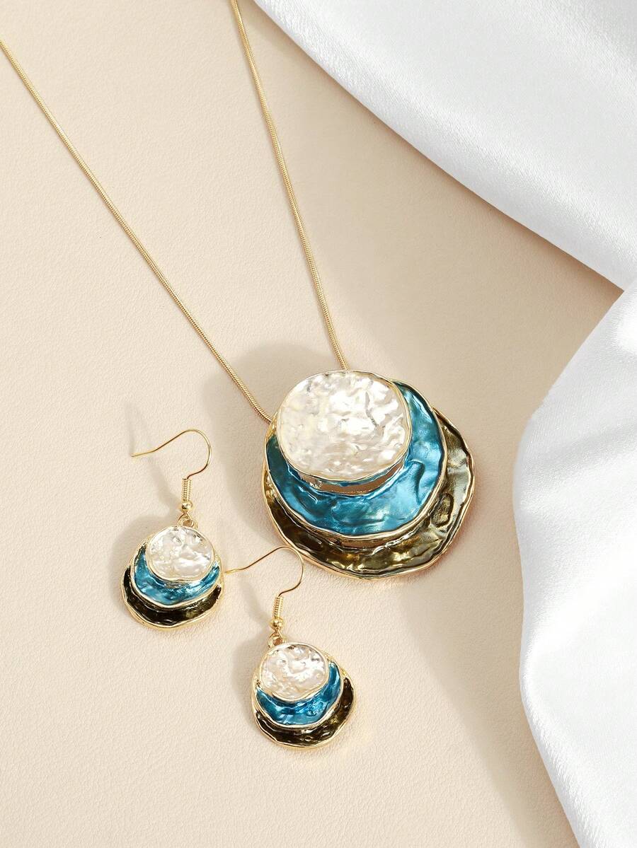 1 Set French Vintage Tie Dye Round Disc Necklace & Earrings Set, High-End Versatile Exaggerated Personalized Jewelry - Multicolor - View 1