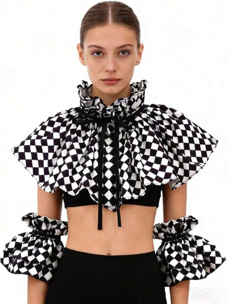 1PC Black & White Plaid Fake Collar Decoration, Collar, Fake Collar, Clown Costume Plaid Fake Collar Pullover, Unisex Clothing Accessory, Role Play, Halloween Costume, Halloween Women's Clothing, (One Size Randomly Shipped Clown Collar And Clown Sleeve Style) - Black - View 1