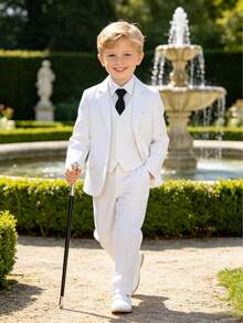 Boys White 5 Piece Suit Set Wedding Tuxedo Blazer Vest Pants Shirt Tie Formal Outfit Toddler Back To School Photoshoot - 白色 - 查看 1