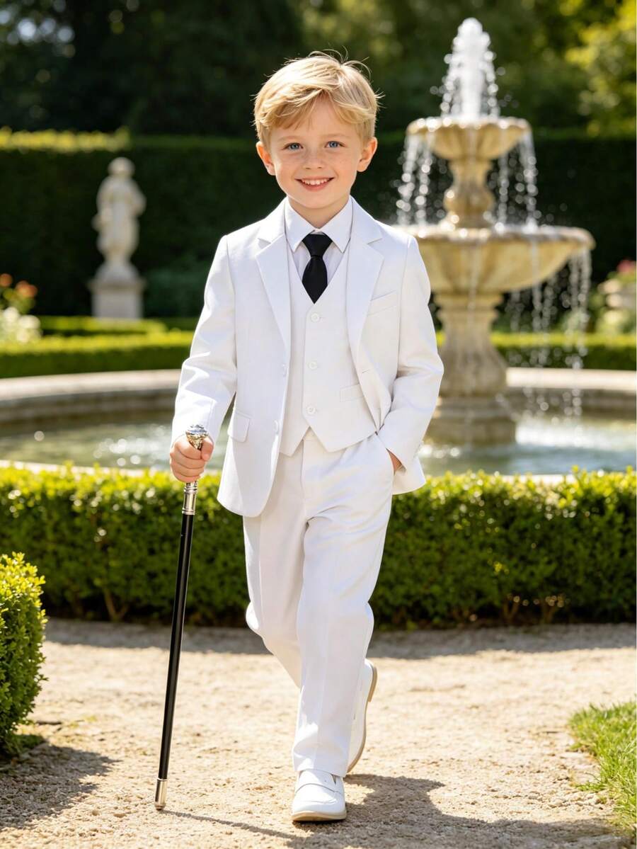 Boys White 5 Piece Suit Set Wedding Tuxedo Blazer Vest Pants Shirt Tie Formal Outfit Toddler Back To School Photoshoot - 白色 - 查看 1