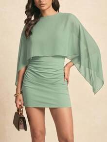 2-In-1 Solid Color Mini Dress With Batwing Sleeves And Splicing, Lightweight, For Date Nights, Vacations, Birthday Parties And Everyday Wear - Mint Green - View 1
