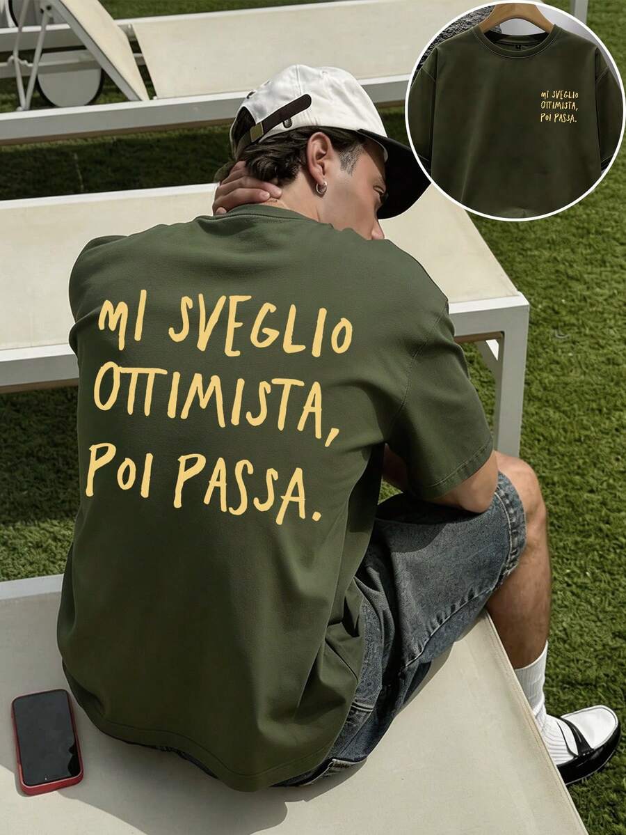 Amore Pasta & Wine 設計男款修身 T 恤，適合度假旅行、海灘、日常聚會 - 軍綠色 - 查看 1