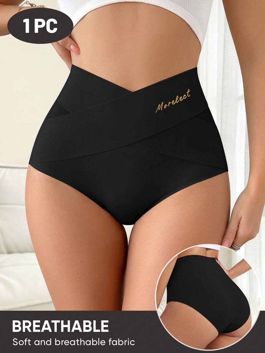 MIOTAN 1pc Women's Mid-High Waist Panties, Cross Strap Design, Solid Color, Tummy Control, Elastic, Shaping, Snug Fit, Soft, Breathable