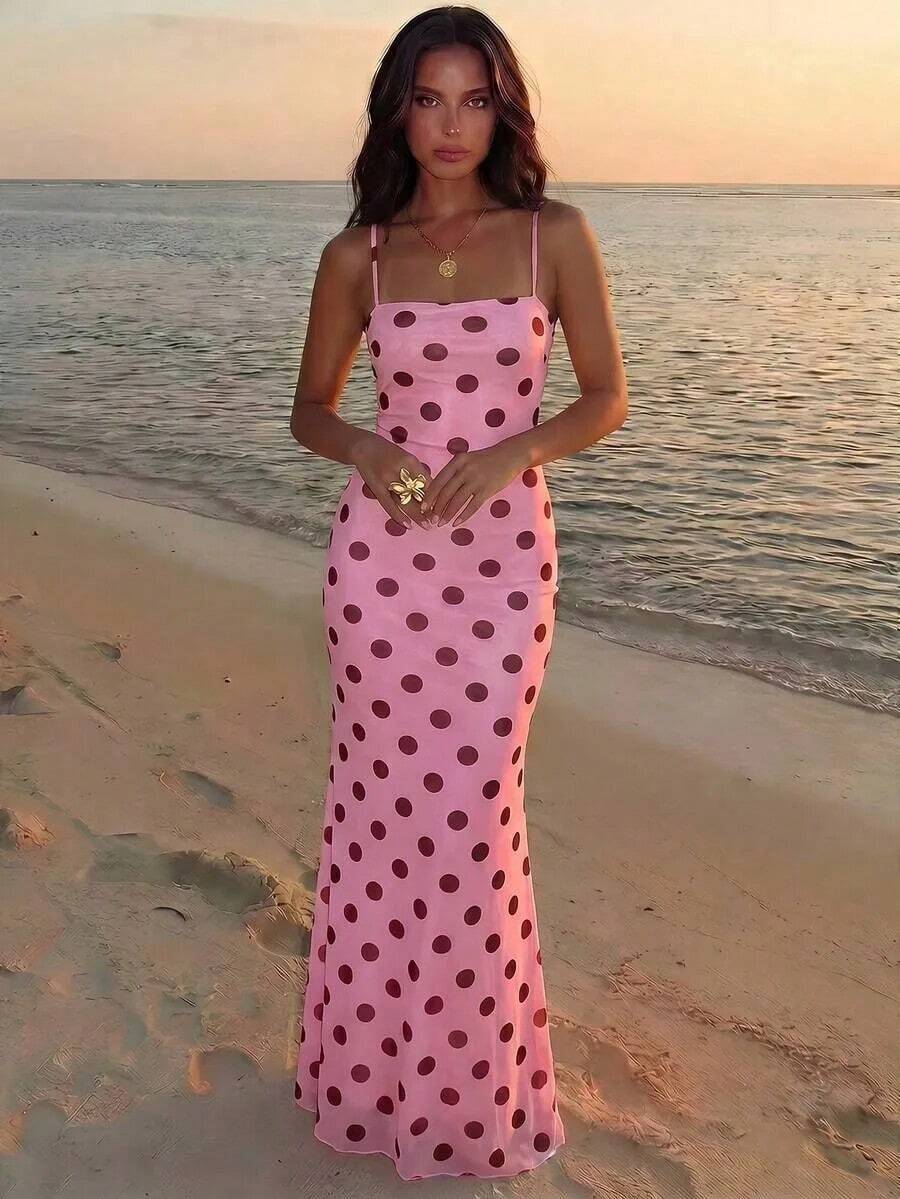Elegant Women's Dress With Floral Print And Open Back, Summer Clothes, Beach Outfits For Women, Beach Vacation Clothes, Party Outfits, Bridesmaids - 玫紅色 - 查看 1