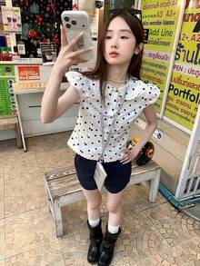 韓式甜美彼得潘領波點短袖女款上衣，夏季優雅收腰顯瘦短版襯衫，白色 - 白色 - 查看 3