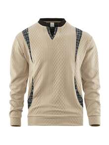 Men's Autumn Casual Long Sleeve Jacquard Fabric Patchwork Style T-Shirt - Khaki - View 3