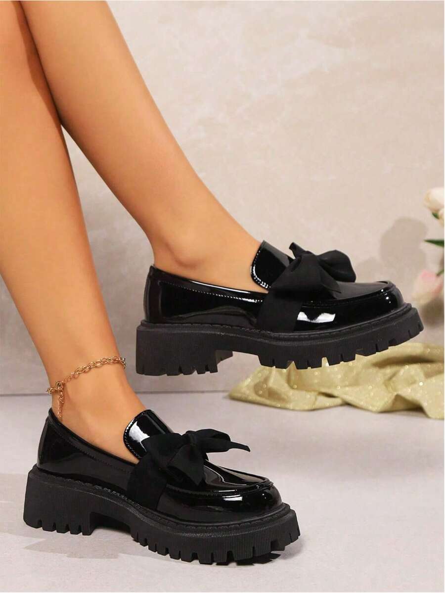 Ladies' Black Patent Leather Thick Sole 4.5cm Round Bow Thick Sole Casual Loafers Casual Fashion Retro Shoes Back To School Season - 黑色升級款 - 查看 1