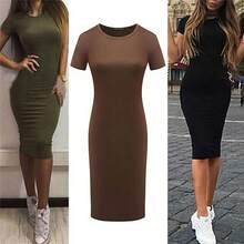 Vestido Sexy Ajustado de Verano para Mujer, Estilo Europeo y Americano, Cuello Redondo, Manga Corta, Color Sólido, Cintura Ajustada - Gris - Ver 4