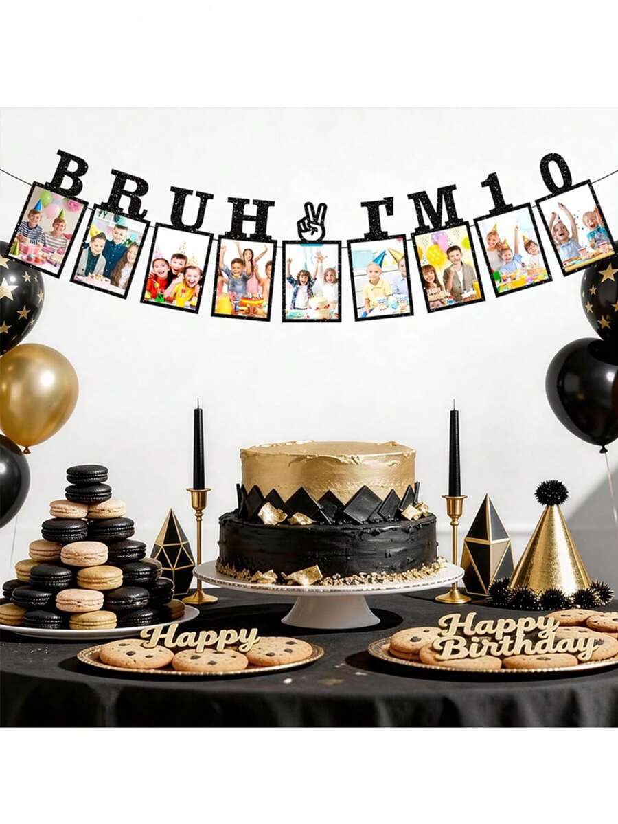 10th Birthday Decorations Bruh I'm 10 Photo Banner For Boys Men- Black Glitter Happy 10 Year Old Birthday Decorations Party Supplies - View 1