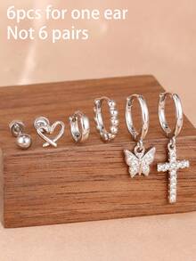 6PCS Cross Dangle Earrings For Women Stainless Steel Heart-Shaped Zirconia Spiral Ear Stud Fashion Temperament Aesthetic Jewelry - 6PCS-silver - View 4