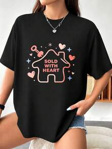 Under The Radar, Casual, Camiseta de Cuello Redondo 100% para Mujer, Diseño de Casa con Llave y Corazones, Ropa de Primavera Verano, Regalo para Agentes Inmobiliarios o Compradores de Vivien - Negro - Ver 1