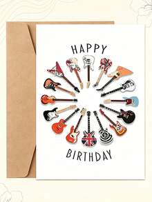 1張彩色吉他主題生日卡，印有「Happy Birthday」文字，設計包含多種電吉他與民謠吉他圖案，適合音樂愛好者、朋友與家人 - 多色 - 查看 8