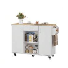 Kitchen Island, Kitchen Trolley With Fold-Down Worktop, 120 Cm, Rolling Service Cart With Drawer And Cupboard, Sonoma Oak, 92.9 X 120 X 43.5 Cm - White - View 8