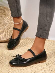 2026 New French Vintage Mary Jane Shoes PU Textured Black Bow Flat Shoes Versatile Comfortable Black Daily Soft Sole Shoes - Black - View 9