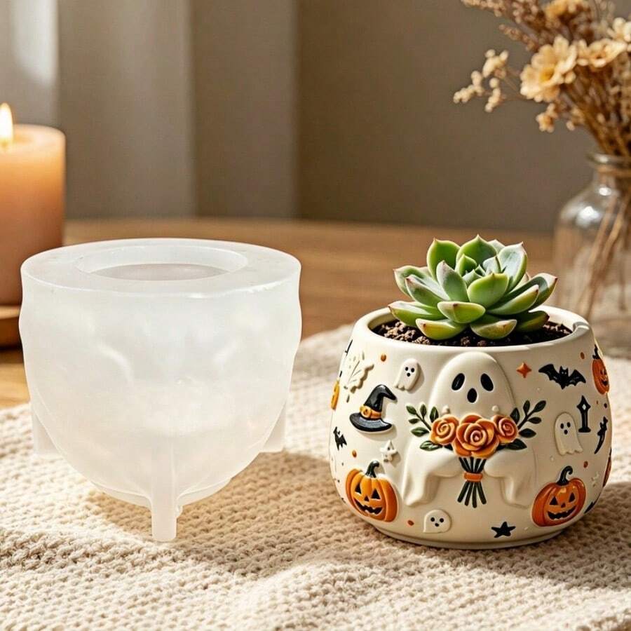 SUPWANPENG 1pc Resin Silicone Mold Halloween Cute Ghost Holding Flower Pumpkin Bat Relief Round Pot Shape DIY Handmade Casting Mold, Can Make Flower Pot, Pen Holder, Candle Holder, Key Storage Box, Compatible With Resin, Plaster, Clay, Cement, Concrete, Desktop Succulent Green Plant Decoration Ornament Mold, Perfect For Home Decor, Halloween, Valentine's Day, Christmas Gift Handmade Mold - No BW379 Mold - View 1