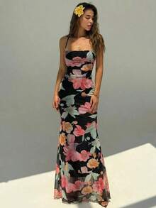 Elegant Women's Dress With Floral Print And Open Back, Summer Clothes, Beach Outfits For Women, Beach Vacation Clothes, Party Outfits, Bridesmaids - 黑色 - 查看 4