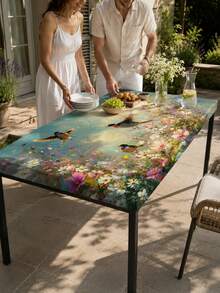 1pc-Spandex Fitted Tablecloth, Colorful Bird Garden Elastic Stretch Table Cover With Floral Meadow Print, Soft Wrinkle Resistant Snug Fit Tablecloth For Round And Rectangular Tables, Outdoor Patio Dining And Spring Party Decor - Multicolor - View 6