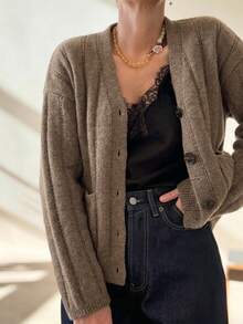 Women's Long Sleeve Solid Color Front Button Office Cardigan Fall - Brown - View 1