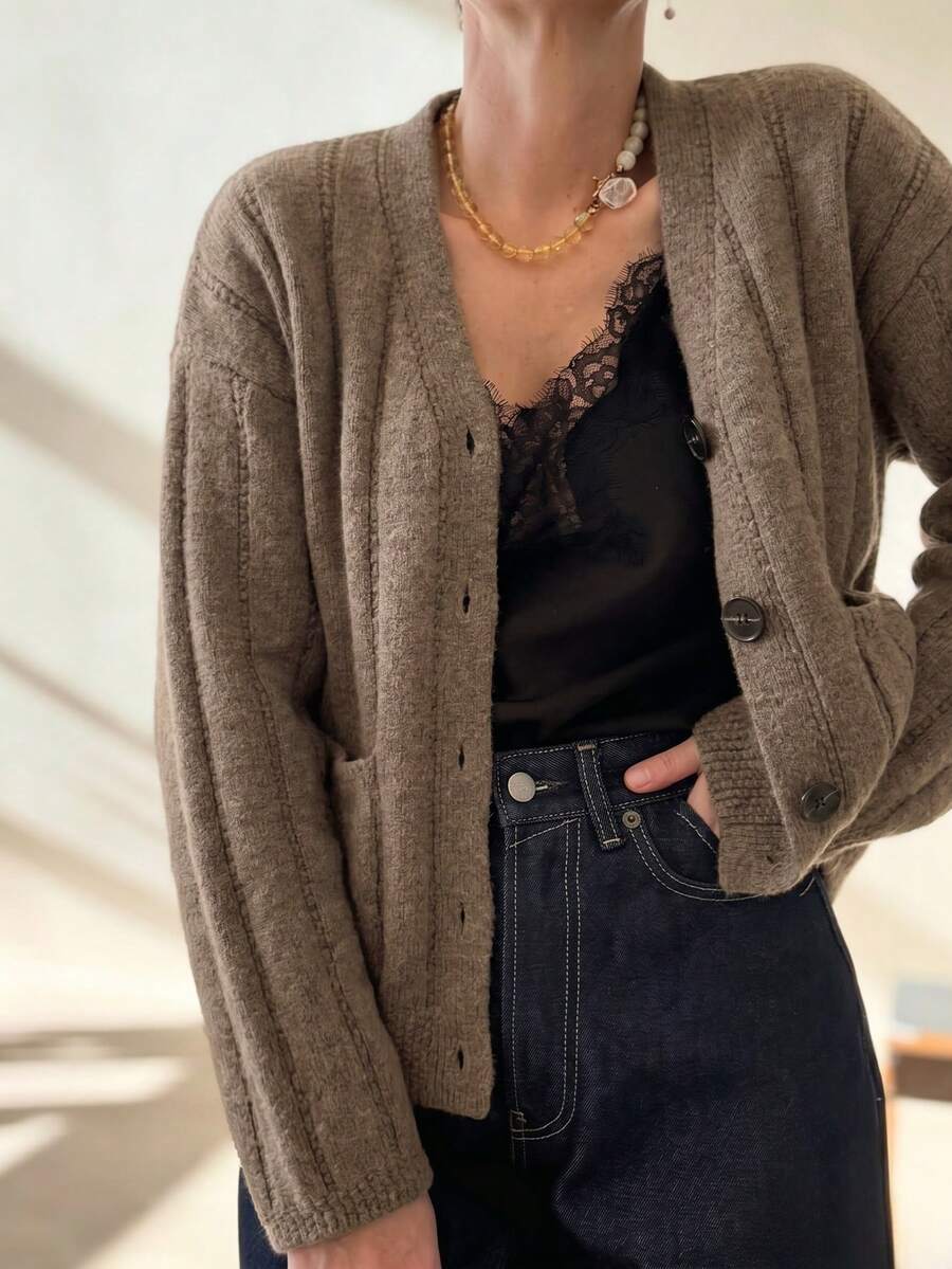 Women's Long Sleeve Solid Color Front Button Office Cardigan Fall - Brown - View 1