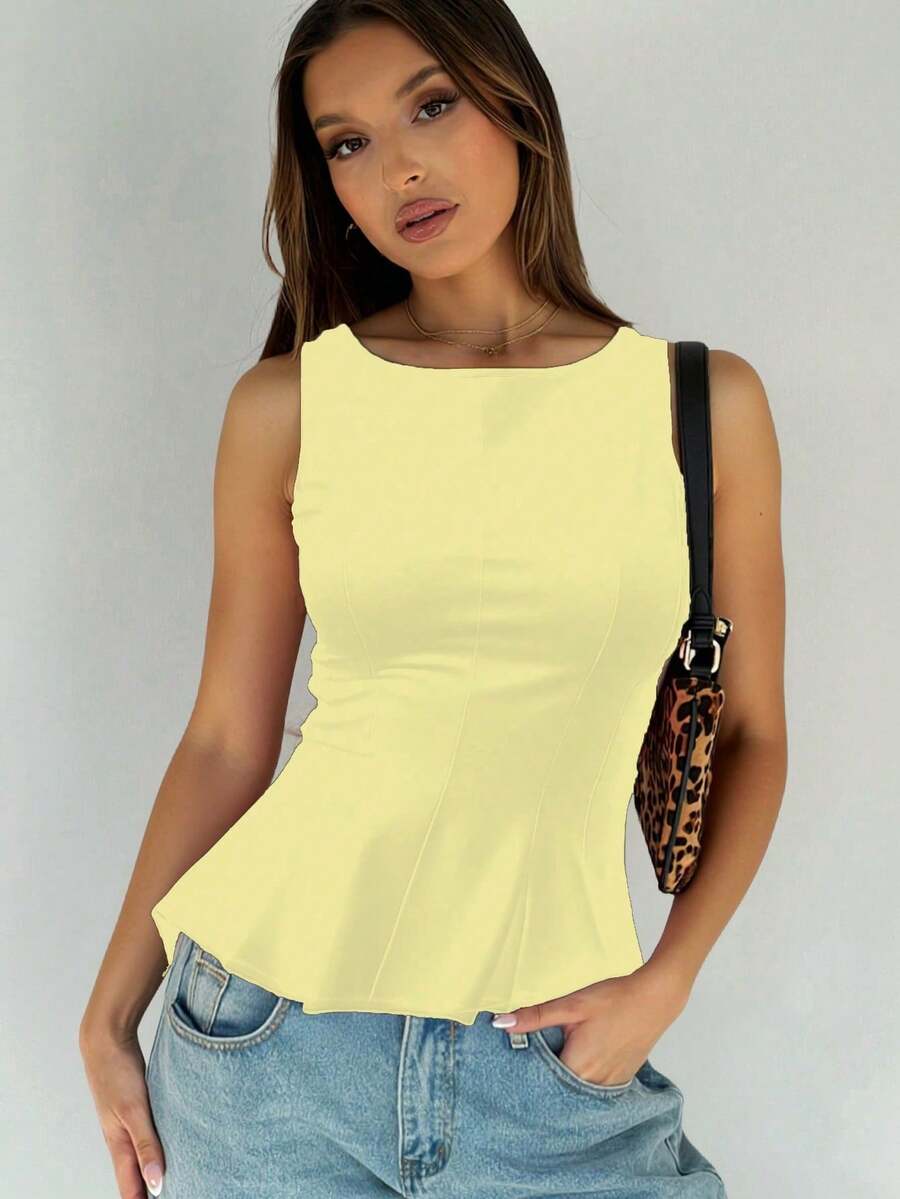 1 pieza Blusa con volante en el bajo de tela de punto de unicolor, uso casual de verano en color negro - Amarillo - Ver 1