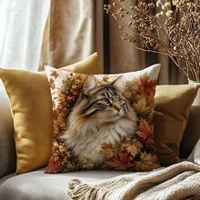 1pc Autumn Maple Leaf Long Hair Cat Print Pattern Polyester Pillow Case [Pillow Insert Not Included], 17.7*17.7in(45*45cm)/19.69*19.69in(50*50cm)/15.75*15.75in(40*40cm), [Single-Sided Printing] Cat Lover Gift Cushion Cover Room Decor, Home Decor, Bedroom Decor, Room Decoration Stuff For Sofa, Bed, Living Room, Bedroom, Car, Office, Hotel Decoration Throw Pillow Covers All Season Use Perfect Gift For Family And Friends - Multicolor - View 8